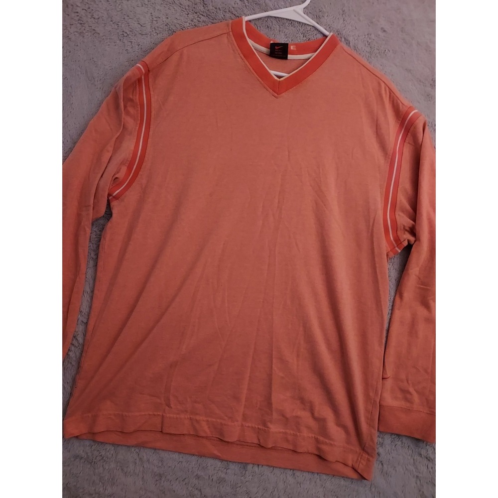 Vintage Nike Shirt Mens Medium V Neck Orange Long Sleeve Black Tag Swoosh 90s